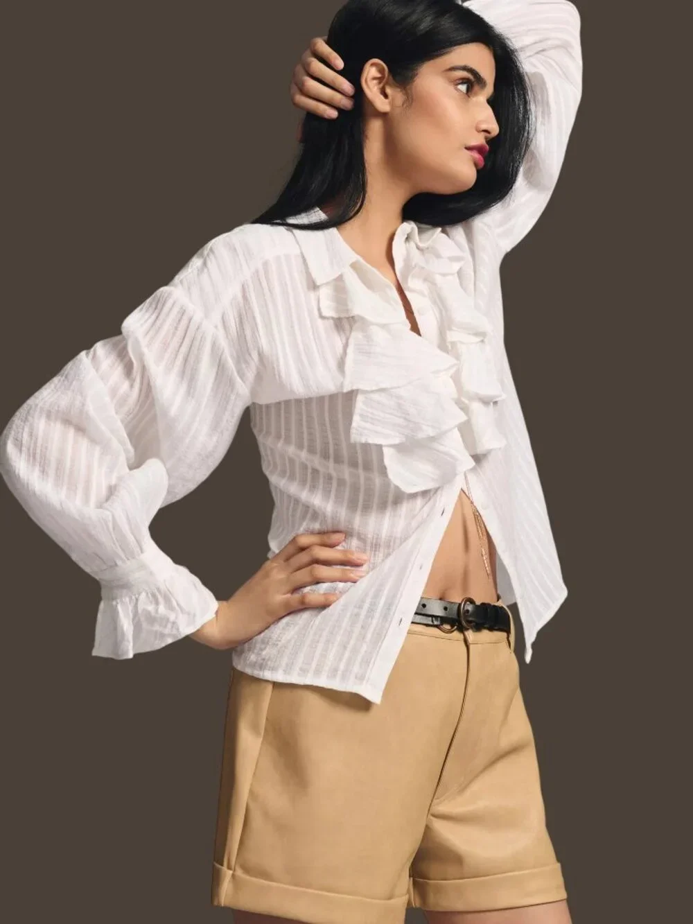 Anthropologie Ruffled Blouse Puff Sleeve Sheer White Medium